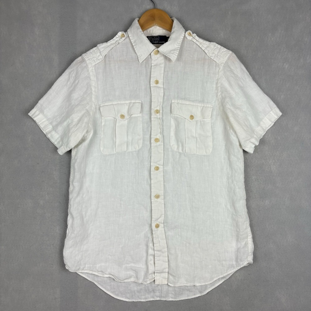 Polo Ralph Lauren Safari Shirt Mens Medium White Linen Epaulets Outdoors Utility
